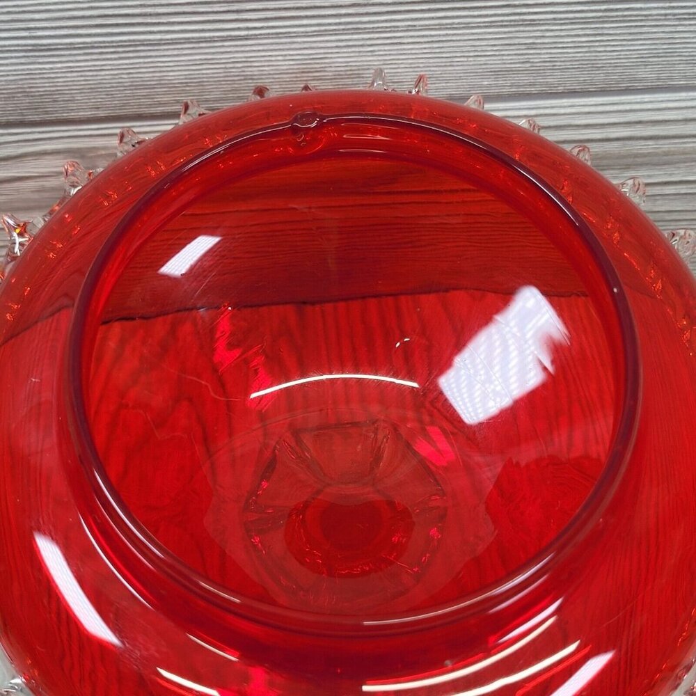 Vintage Ruby Red‎ Art Glass Pedestal Compote Bowl Clear Ruffled Edge 7.5 Inch - Picture 8 of 13